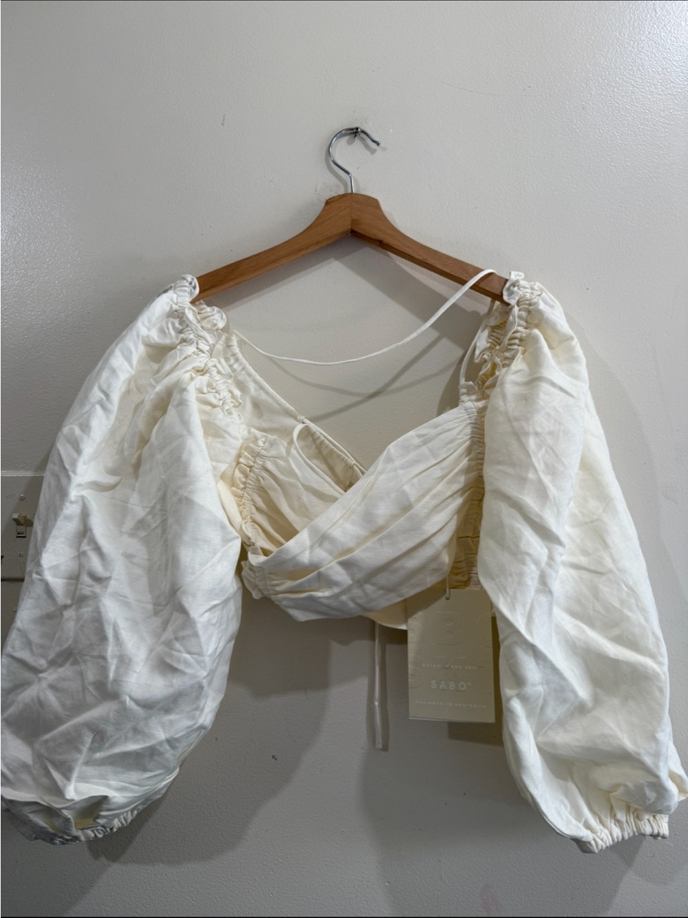 Sabo Linen-Blend Cream Puff-Sleeve Cropped Top